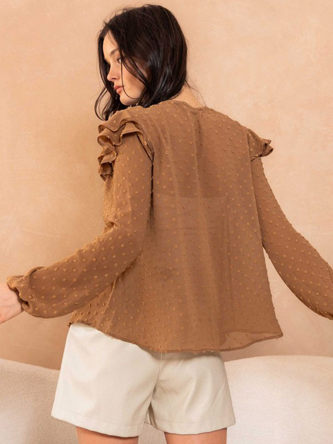 WOMEN'S LONG SLEEVE V-NECK RUFFLE SWISS DOTS BLOUSE