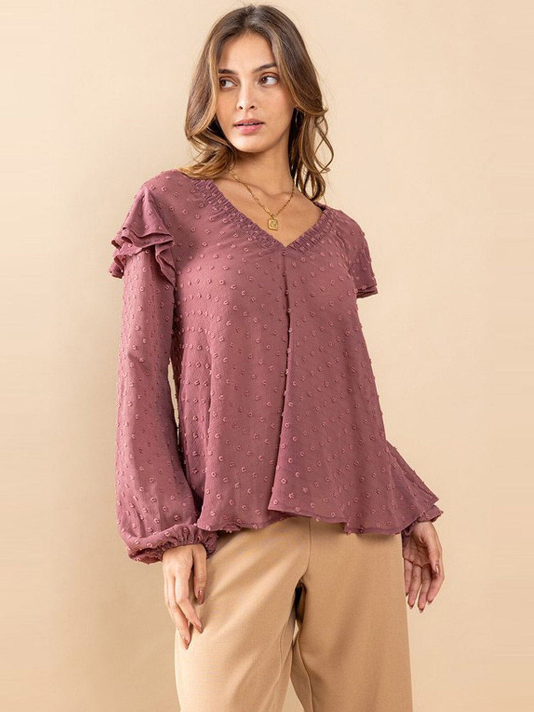 WOMEN'S LONG SLEEVE V-NECK RUFFLE SWISS DOTS BLOUSE