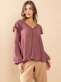WOMEN'S LONG SLEEVE V-NECK RUFFLE SWISS DOTS BLOUSE