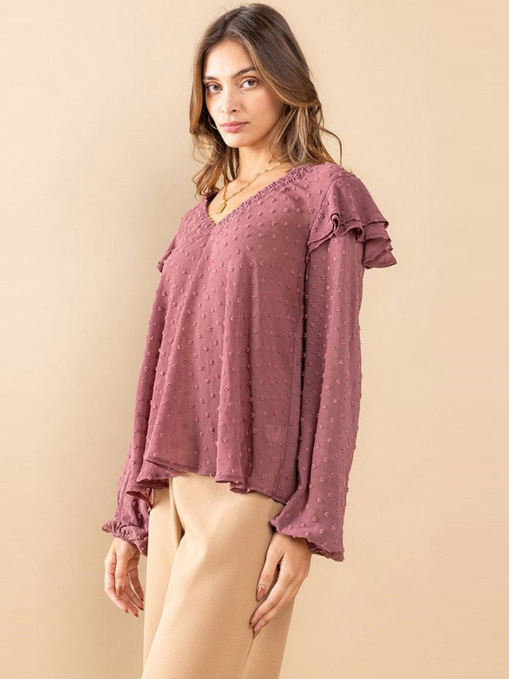 WOMEN'S LONG SLEEVE V-NECK RUFFLE SWISS DOTS BLOUSE