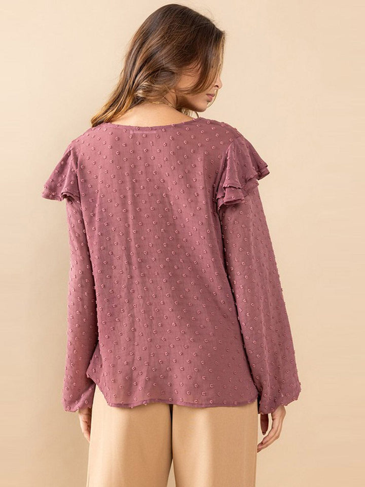 WOMEN'S LONG SLEEVE V-NECK RUFFLE SWISS DOTS BLOUSE