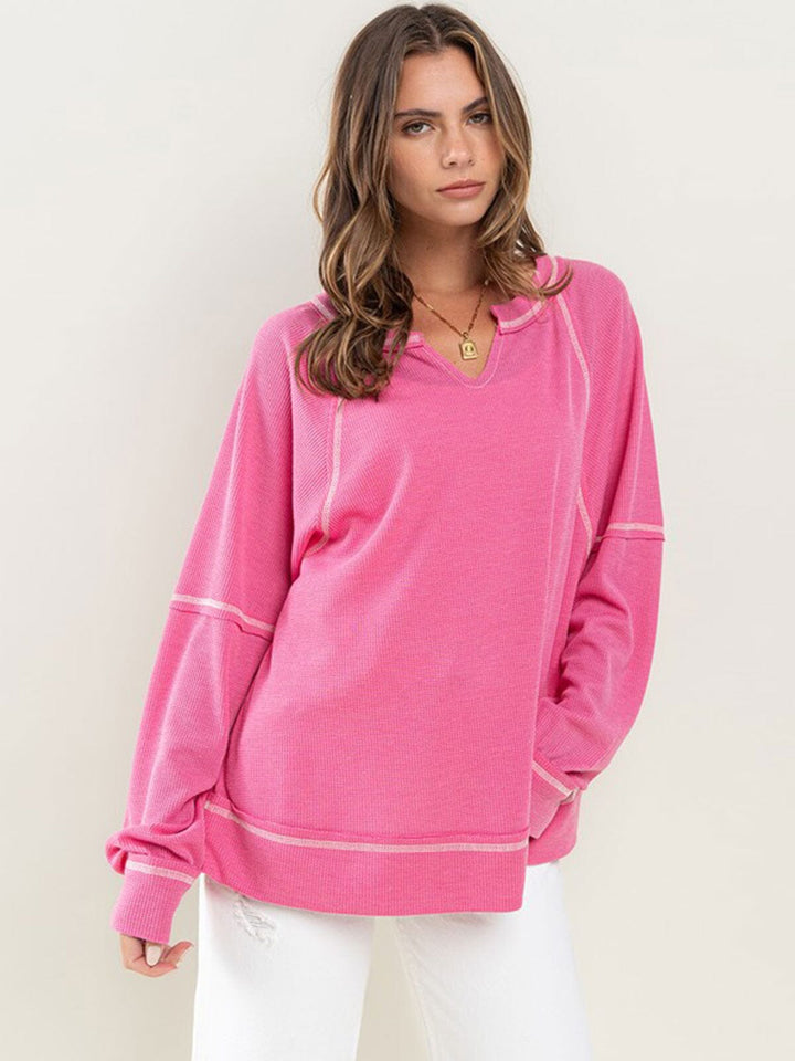 WOMEN'S LONG SLEEVE V-NECK RIBBED TOP