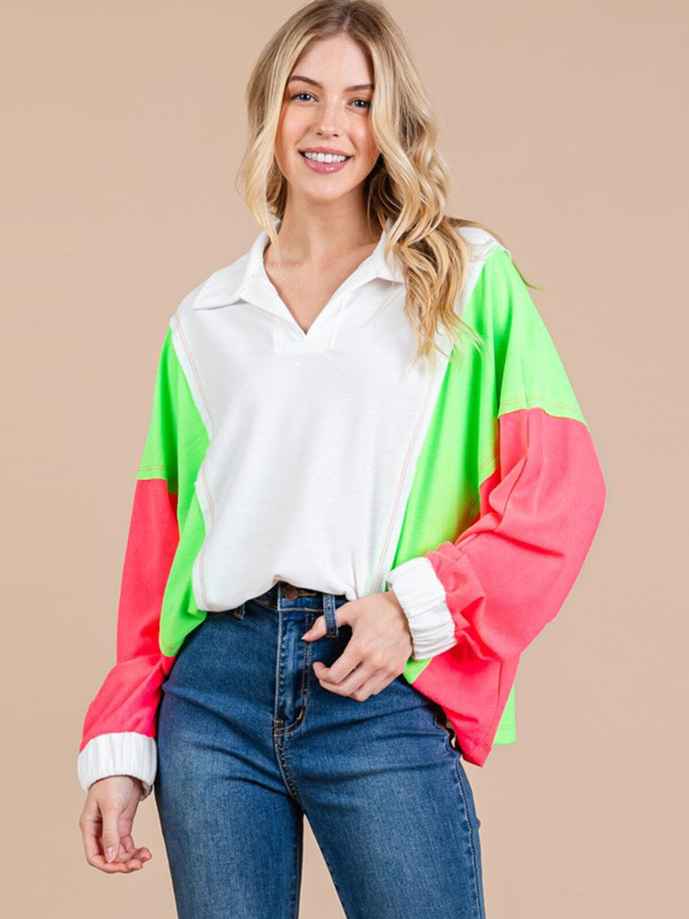 WOMEN'S LONG SLEEVE V-NECK OVERSIZED COLORBLOCK TOP