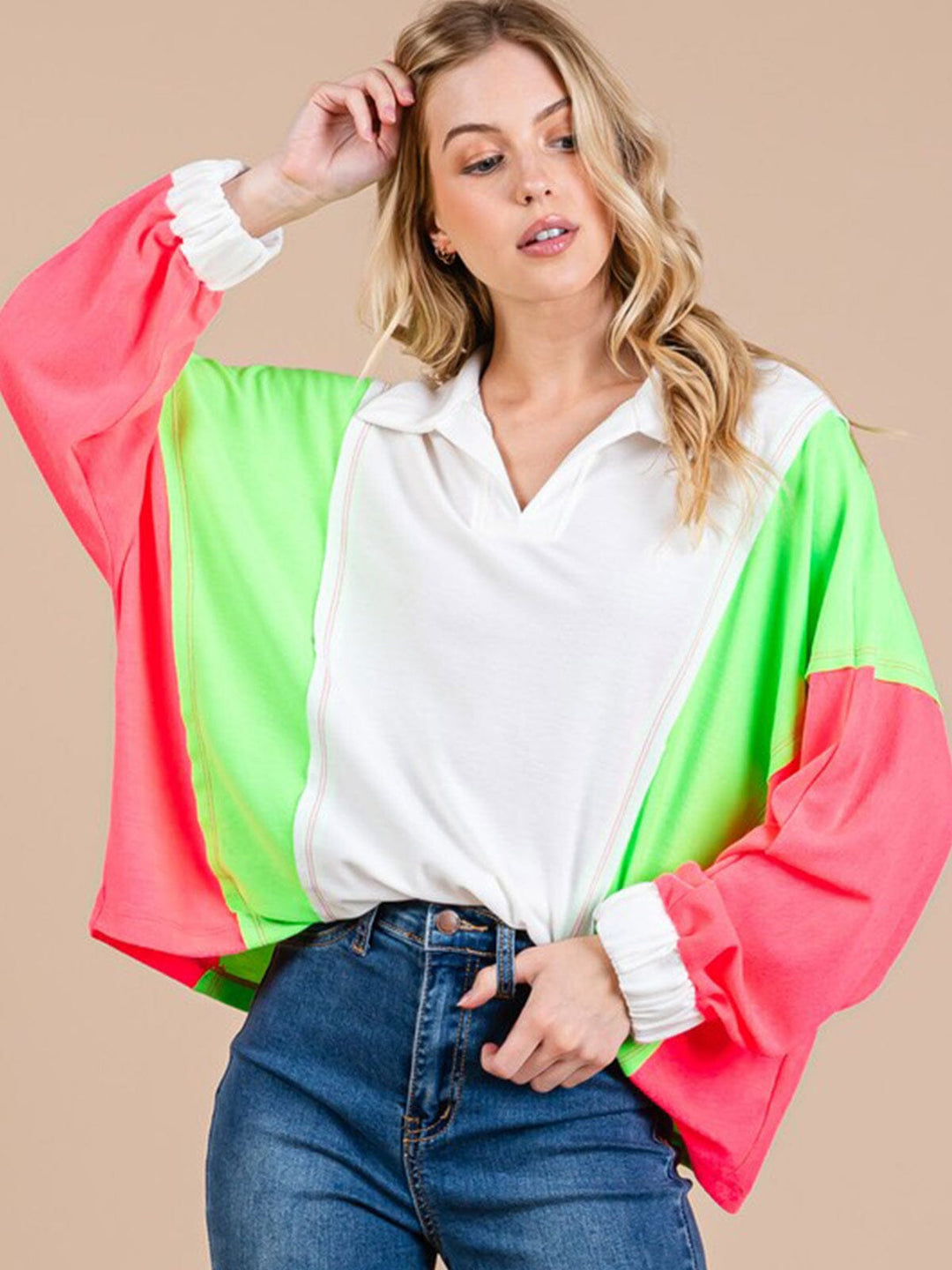 WOMEN'S LONG SLEEVE V-NECK OVERSIZED COLORBLOCK TOP
