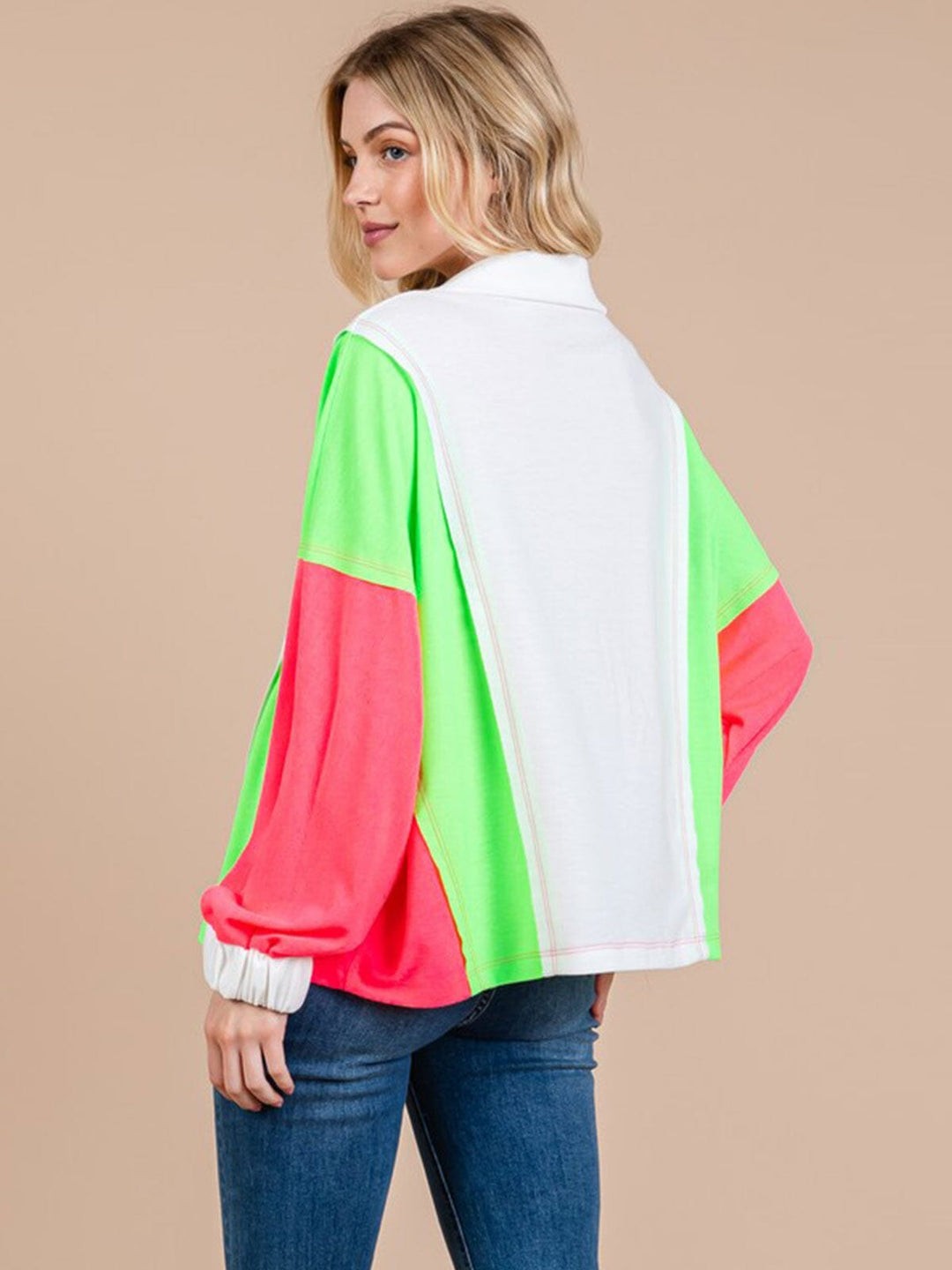 WOMEN'S LONG SLEEVE V-NECK OVERSIZED COLORBLOCK TOP
