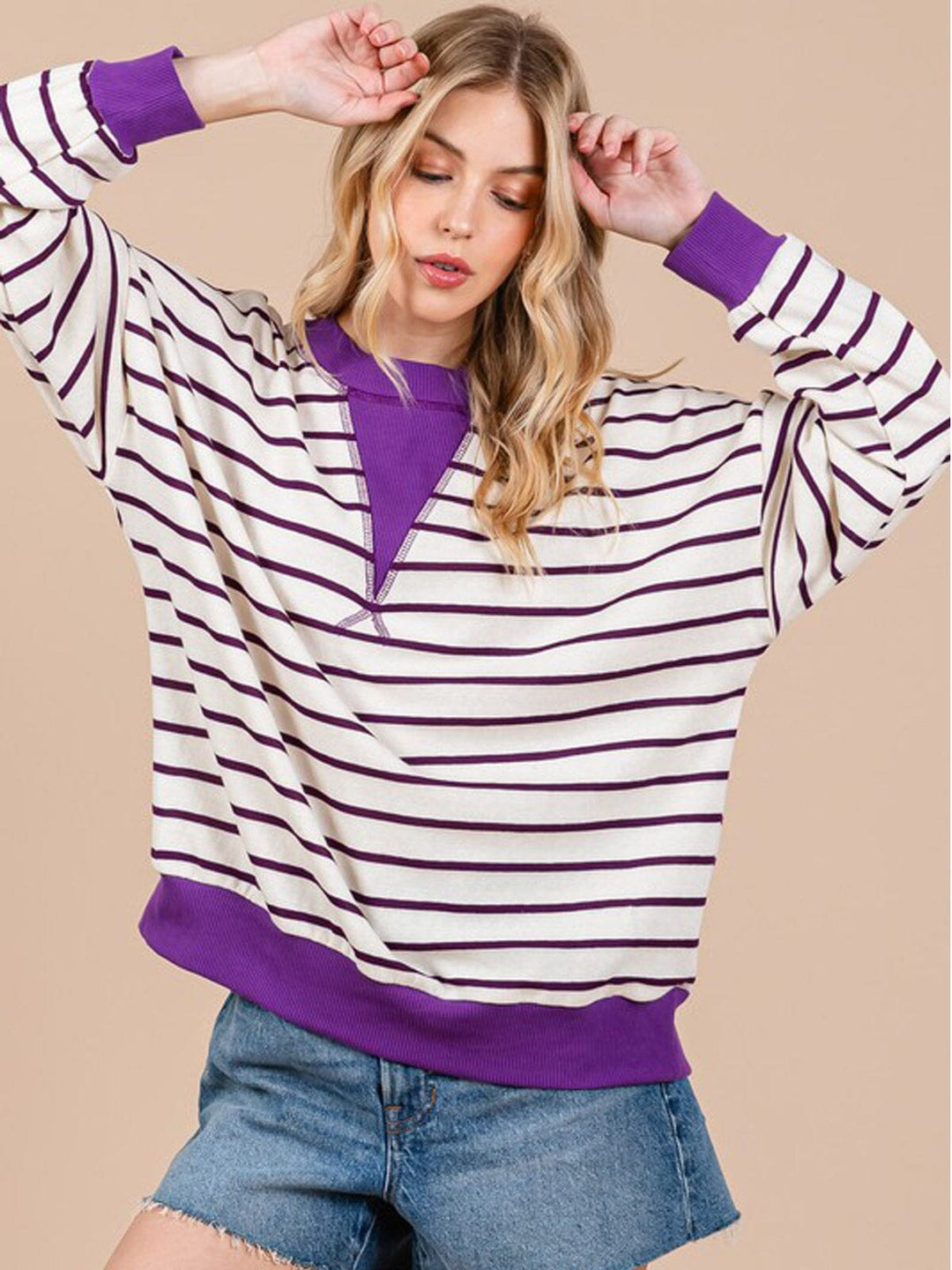 WOMEN'S LONG SLEEVE COLORBLOCK STRIPES TOP