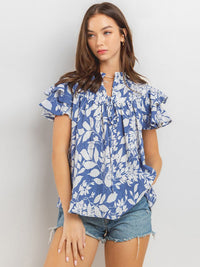 WOMEN'S SHORT RUFFLE SLEEVE FLORAL PRINT BLOUSE TOP