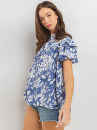 WOMEN'S SHORT RUFFLE SLEEVE FLORAL PRINT BLOUSE TOP