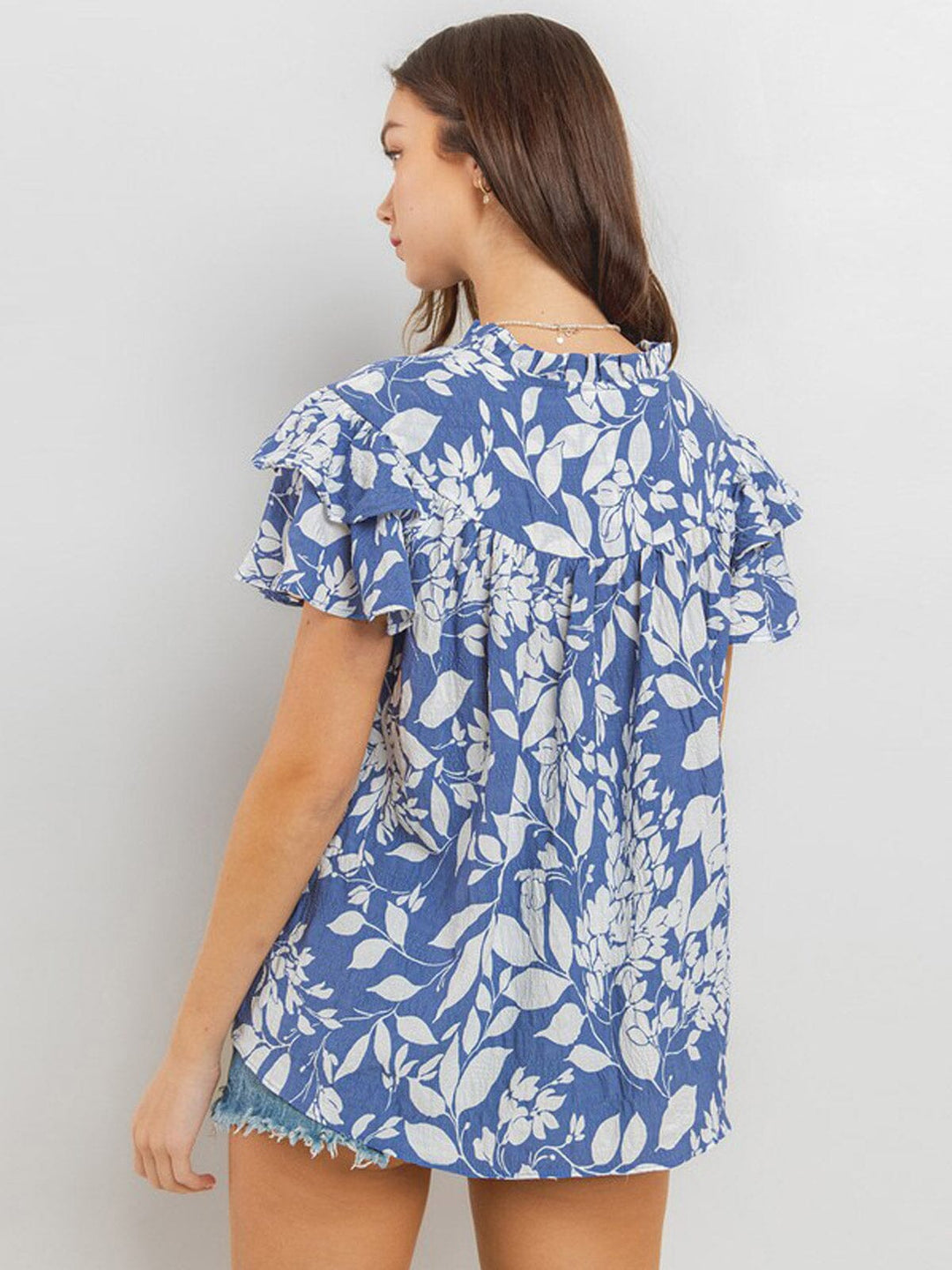 WOMEN'S SHORT RUFFLE SLEEVE FLORAL PRINT BLOUSE TOP