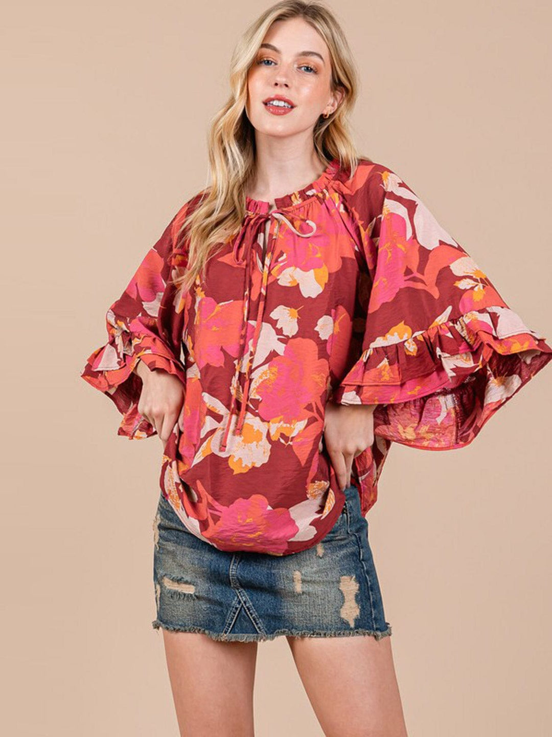 WOMEN'S 3/4 RUFFLE SLEEVE FLORAL PRINT TUNIC BLOUSE