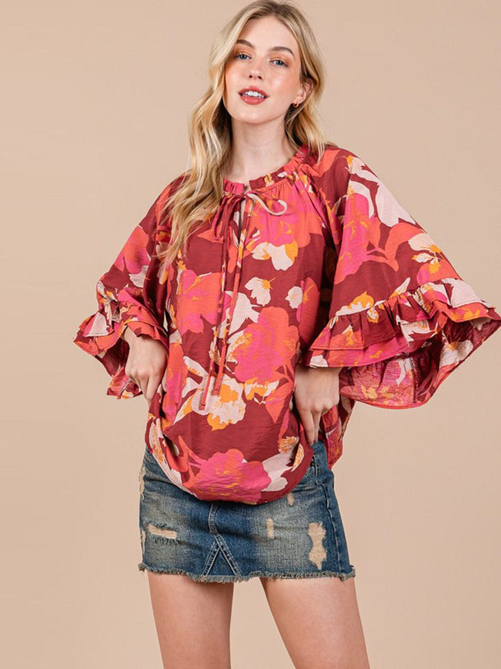 WOMEN'S 3/4 RUFFLE SLEEVE FLORAL PRINT TUNIC BLOUSE