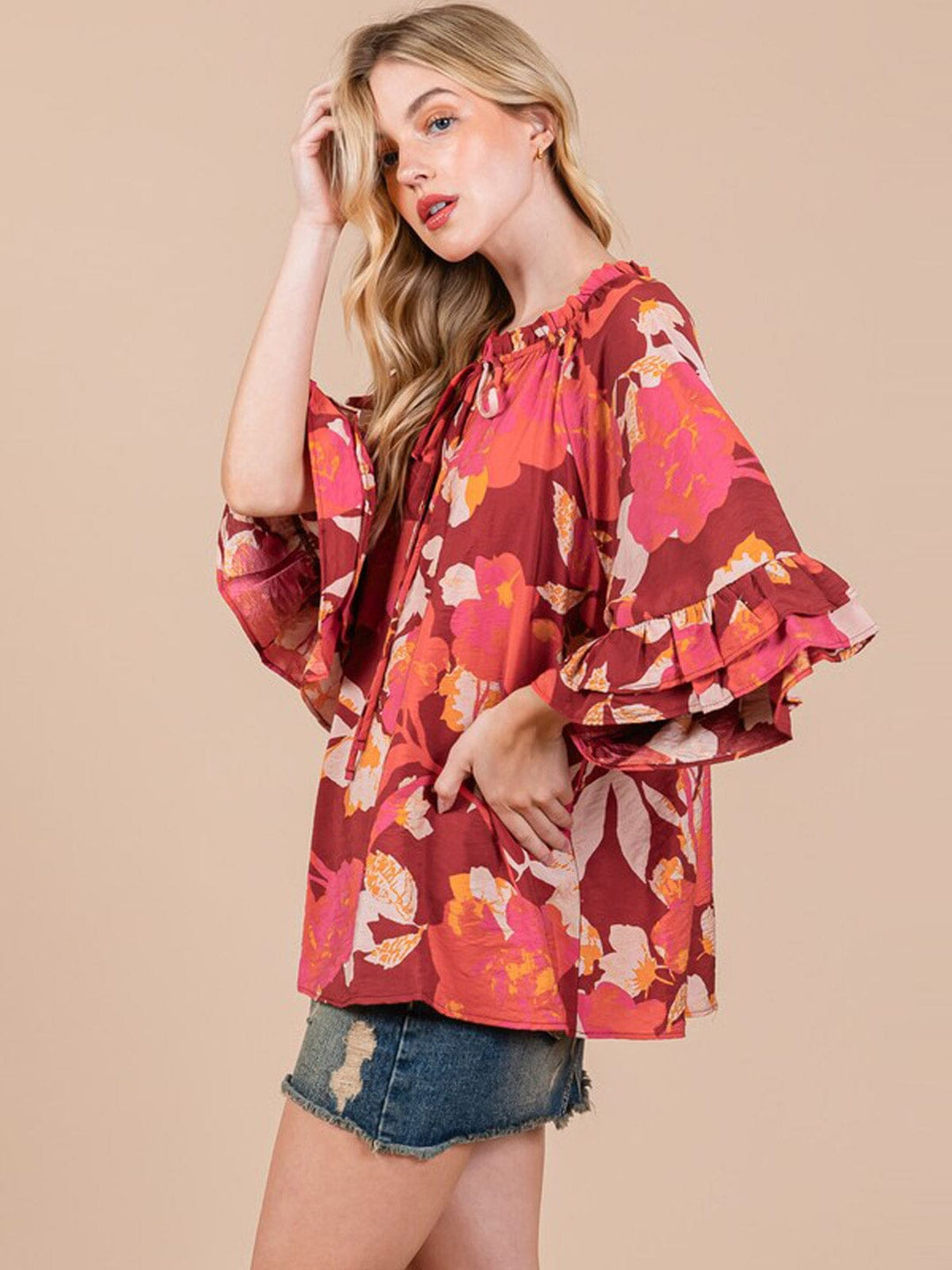 WOMEN'S 3/4 RUFFLE SLEEVE FLORAL PRINT TUNIC BLOUSE