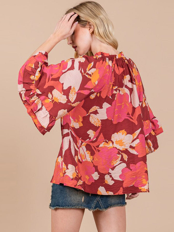 WOMEN'S 3/4 RUFFLE SLEEVE FLORAL PRINT TUNIC BLOUSE