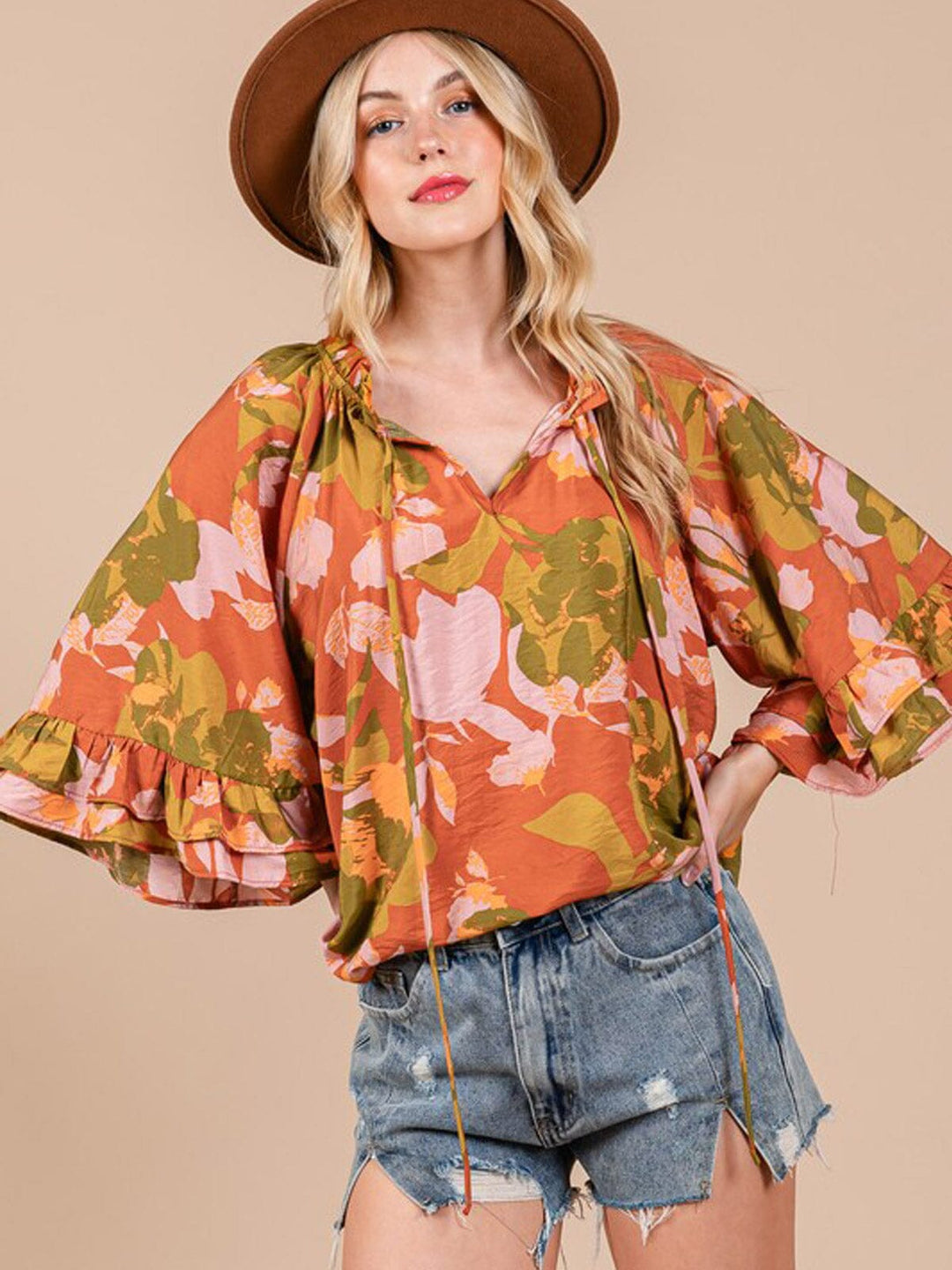 WOMEN'S 3/4 RUFFLE SLEEVE FLORAL PRINT TUNIC BLOUSE