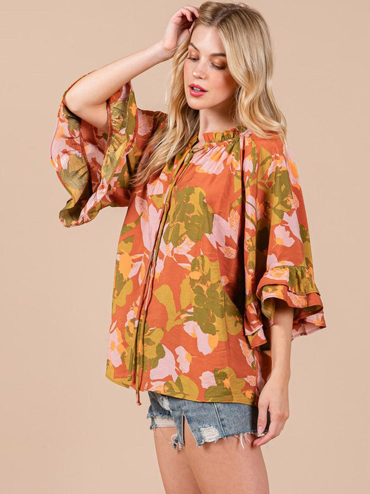 WOMEN'S 3/4 RUFFLE SLEEVE FLORAL PRINT TUNIC BLOUSE