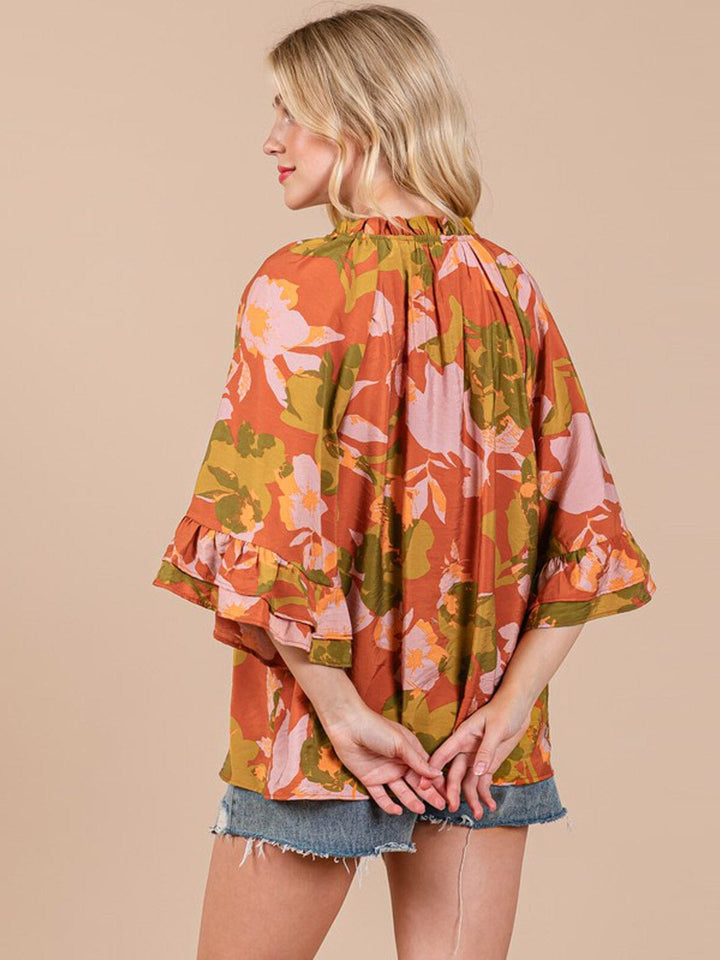 WOMEN'S 3/4 RUFFLE SLEEVE FLORAL PRINT TUNIC BLOUSE