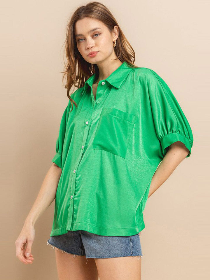 WOMEN'S SHORT SLEEVE FRONT POCKETS BUTTON UP BLOUSE TOP