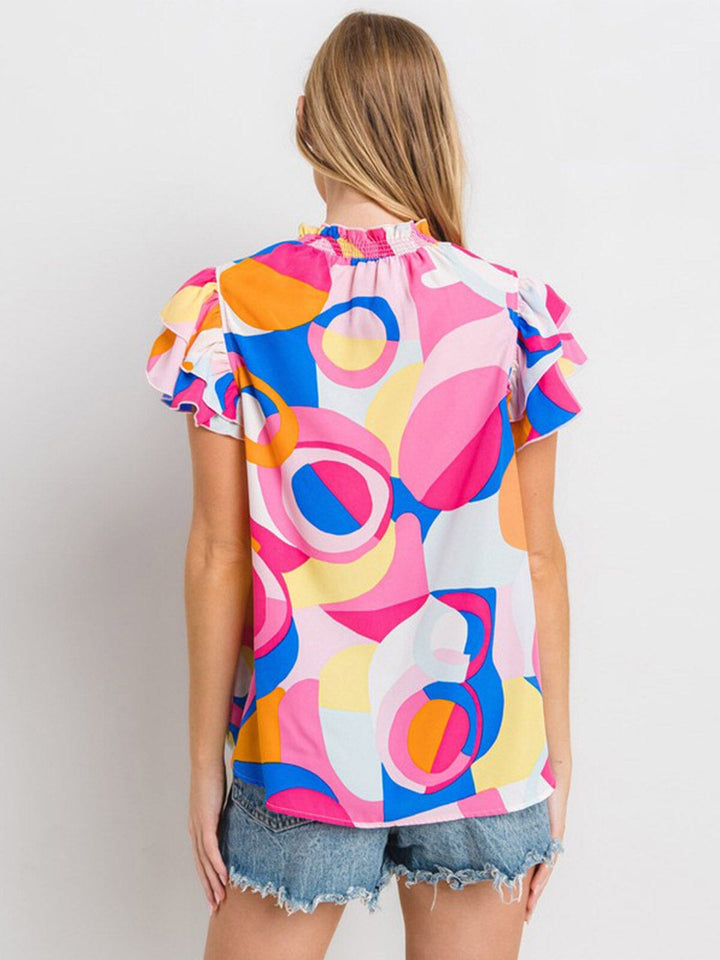 WOMEN'S SHORT RUFFLE SLEEVE MOCH NECK MULTI PRINT TUNIC BLOUSE