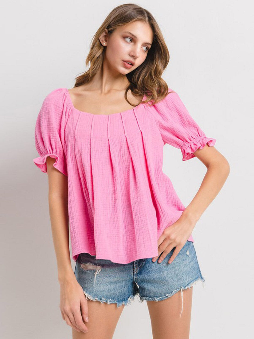 WOMEN'S SHORT PUFF SLEEVE TUNIC BLOUSE TOP