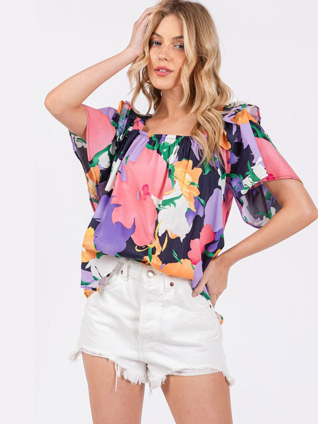 WOMEN'S SHORT RUFFLE SLEEVE SQUARE NECK FLORAL PRINT TUNIC BLOUSE TOP