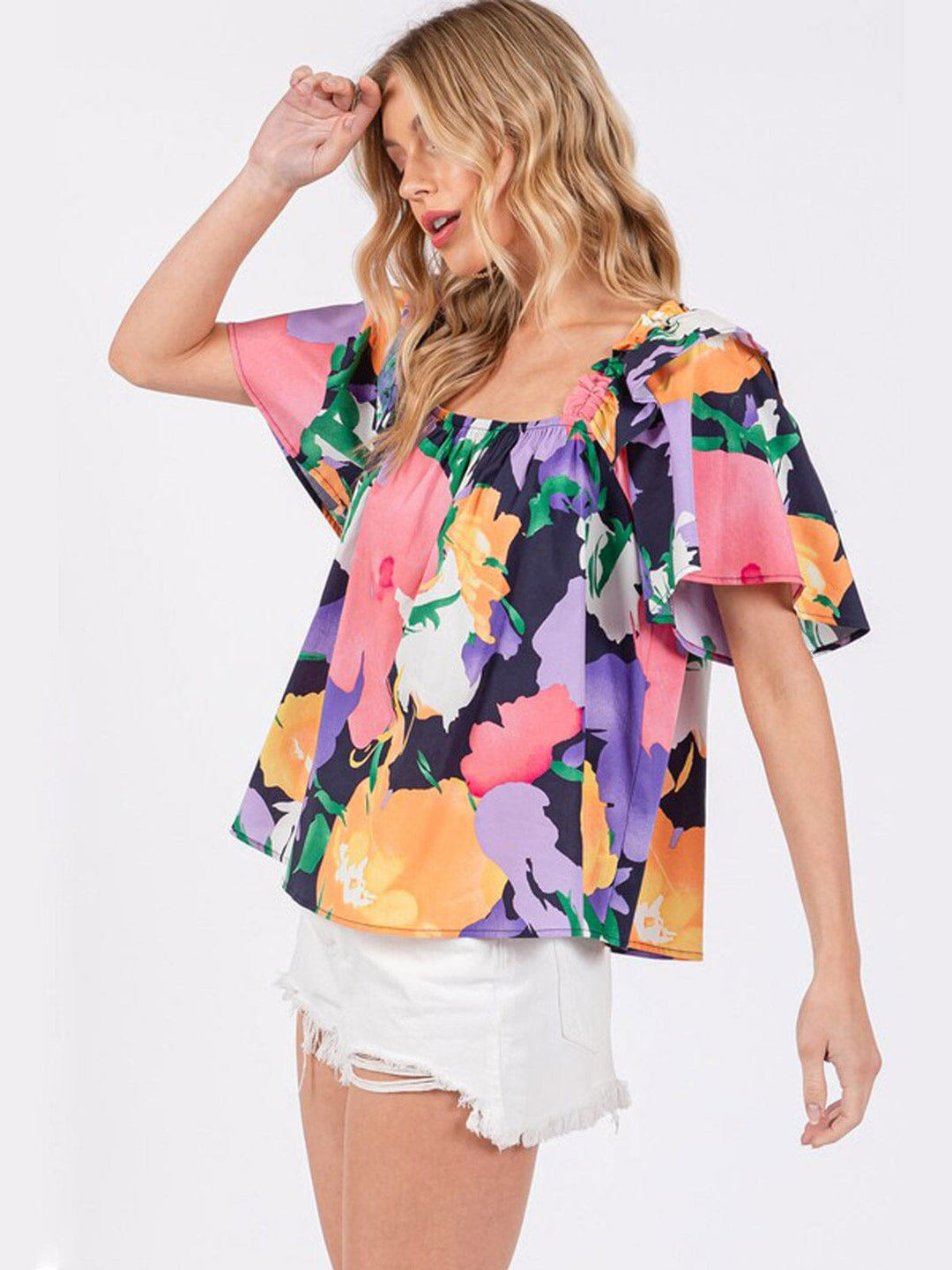 Tu Rung Ruffle WOMEN'S SHORT RUFFLE SLEEVE SQUARE NECK FLORAL PRINT TUNIC BLOUSE TOP ...