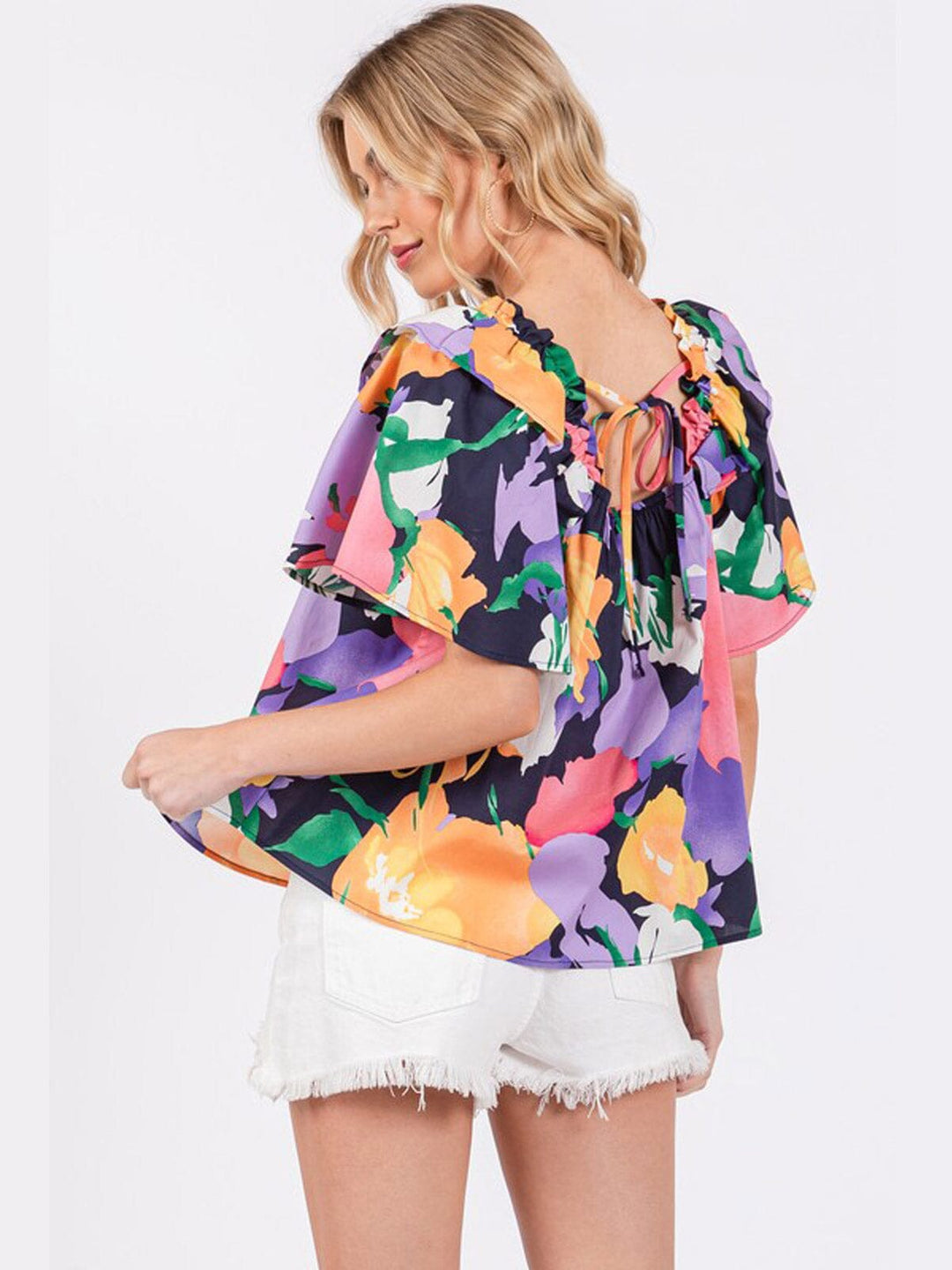 WOMEN'S SHORT RUFFLE SLEEVE SQUARE NECK FLORAL PRINT TUNIC BLOUSE TOP