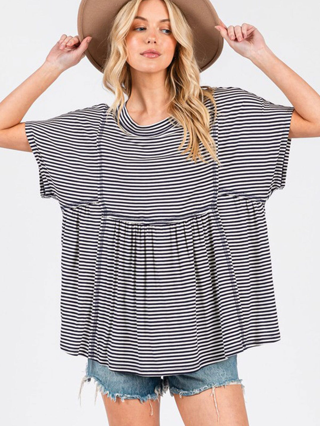 WOMEN'S SHORT SLEEVE STRIPES COLORBLOCK TUNIC TOP