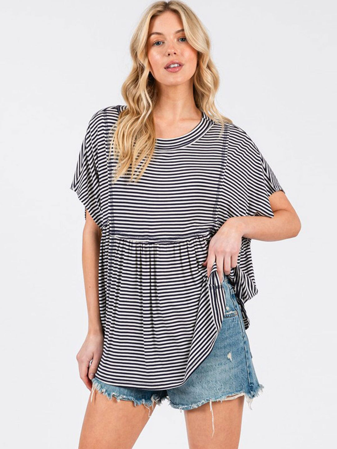 WOMEN'S SHORT SLEEVE STRIPES COLORBLOCK TUNIC TOP