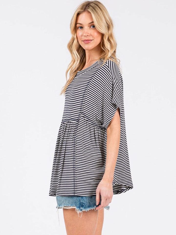 WOMEN'S SHORT SLEEVE STRIPES COLORBLOCK TUNIC TOP
