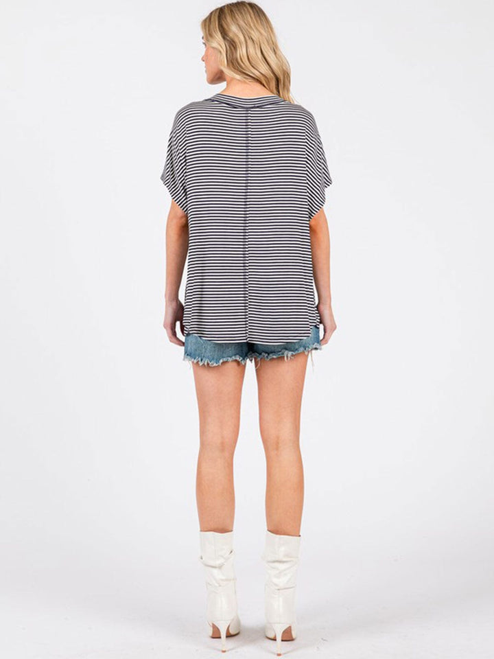 WOMEN'S SHORT SLEEVE STRIPES COLORBLOCK TUNIC TOP