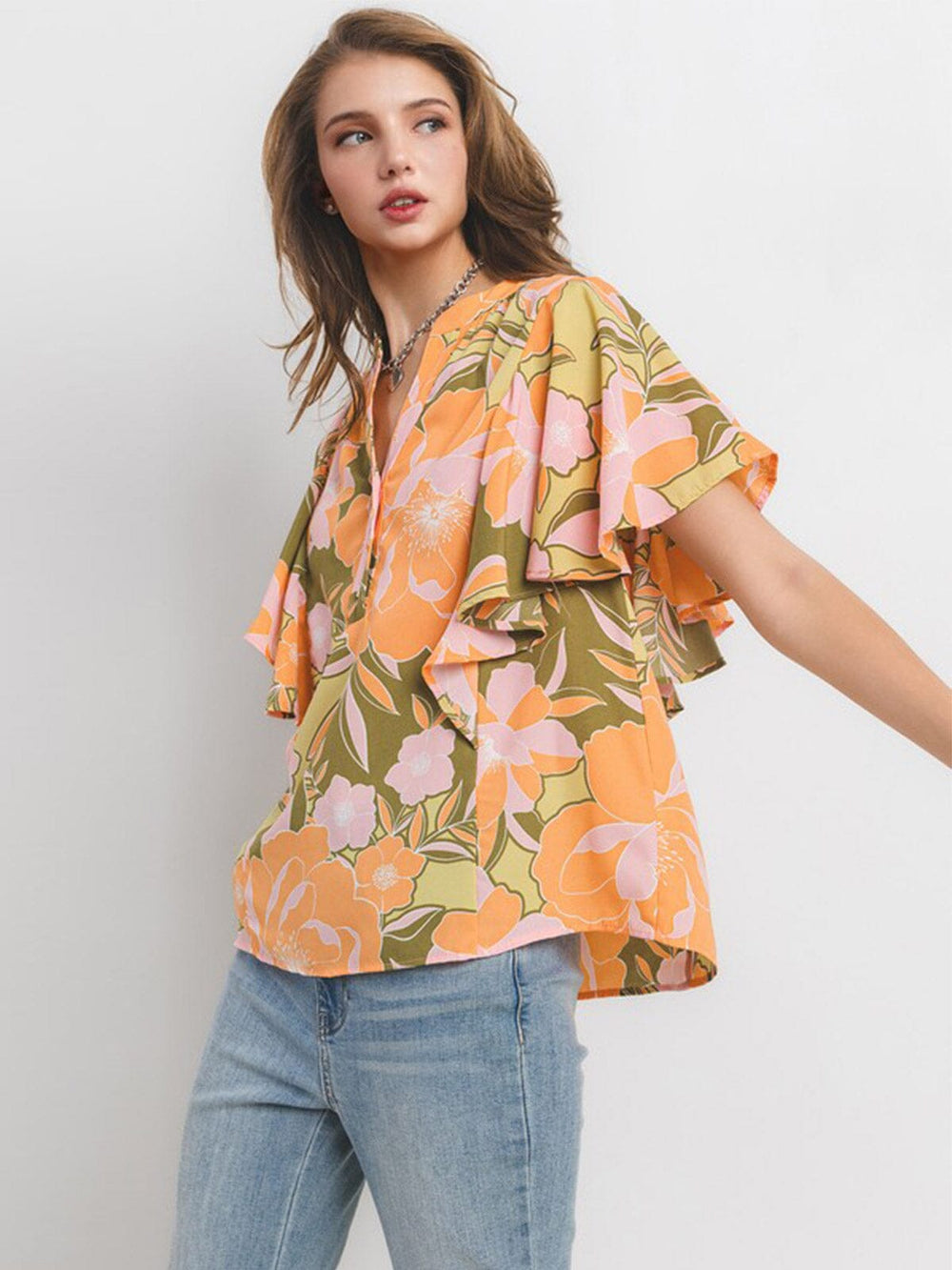 WOMEN'S SHORT RUFFLE SLEEVE BUTTON CLOSURE FLORAL PRINT TUNIC BLOUSE