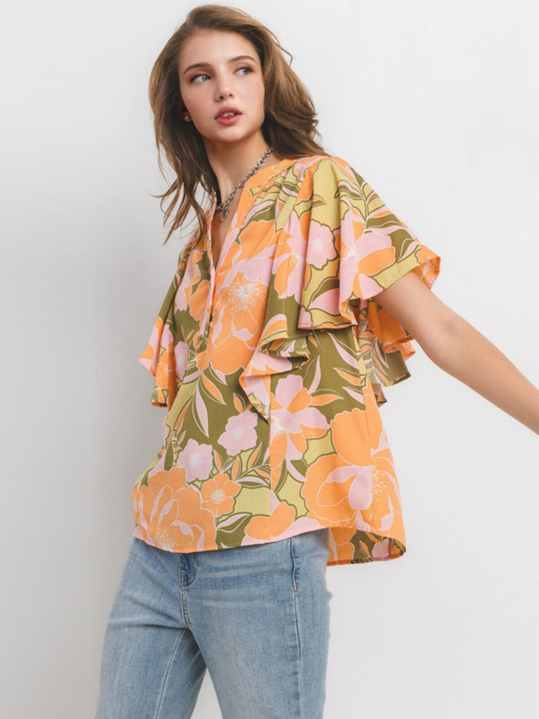 WOMEN'S SHORT RUFFLE SLEEVE BUTTON CLOSURE FLORAL PRINT TUNIC BLOUSE