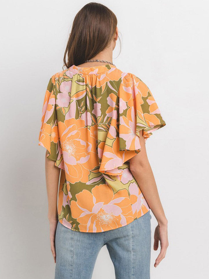 WOMEN'S SHORT RUFFLE SLEEVE BUTTON CLOSURE FLORAL PRINT TUNIC BLOUSE