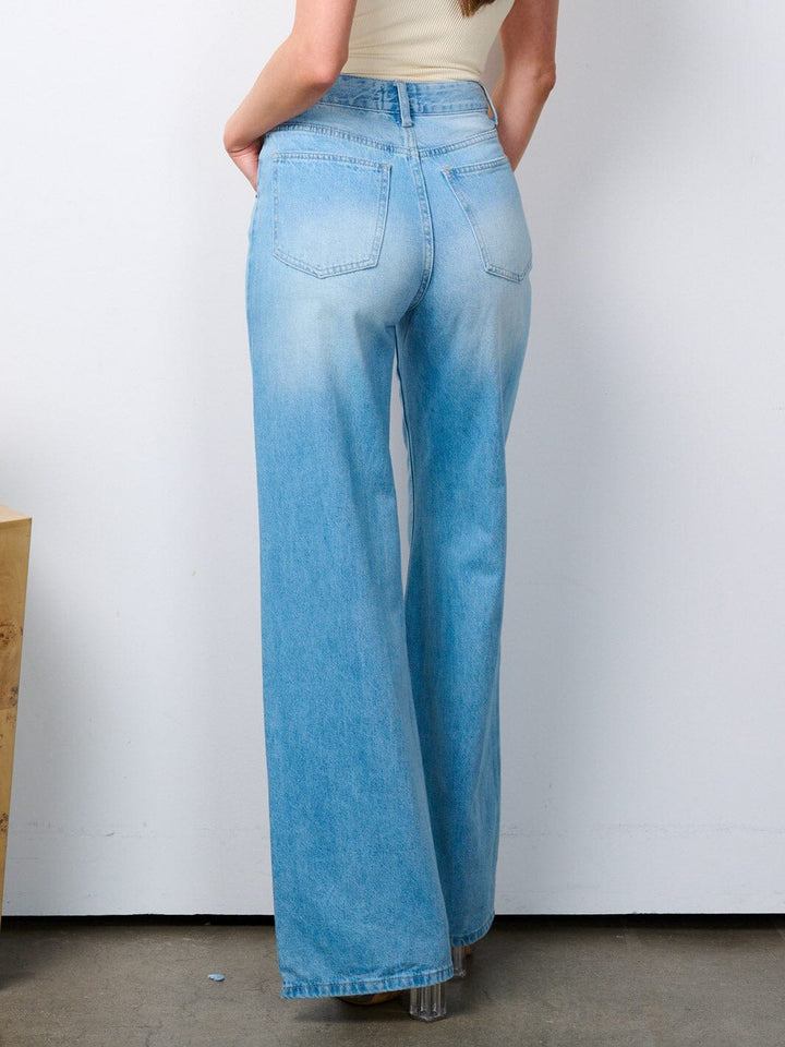 WOMEN'S BUTTON CLOSURE POCKETS WASHED BELL BOTTOM JEANS