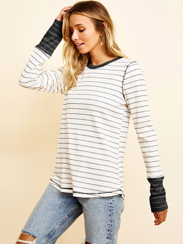 WOMEN'S LONG SLEEVES COLORBLOCK STRIPES TOP