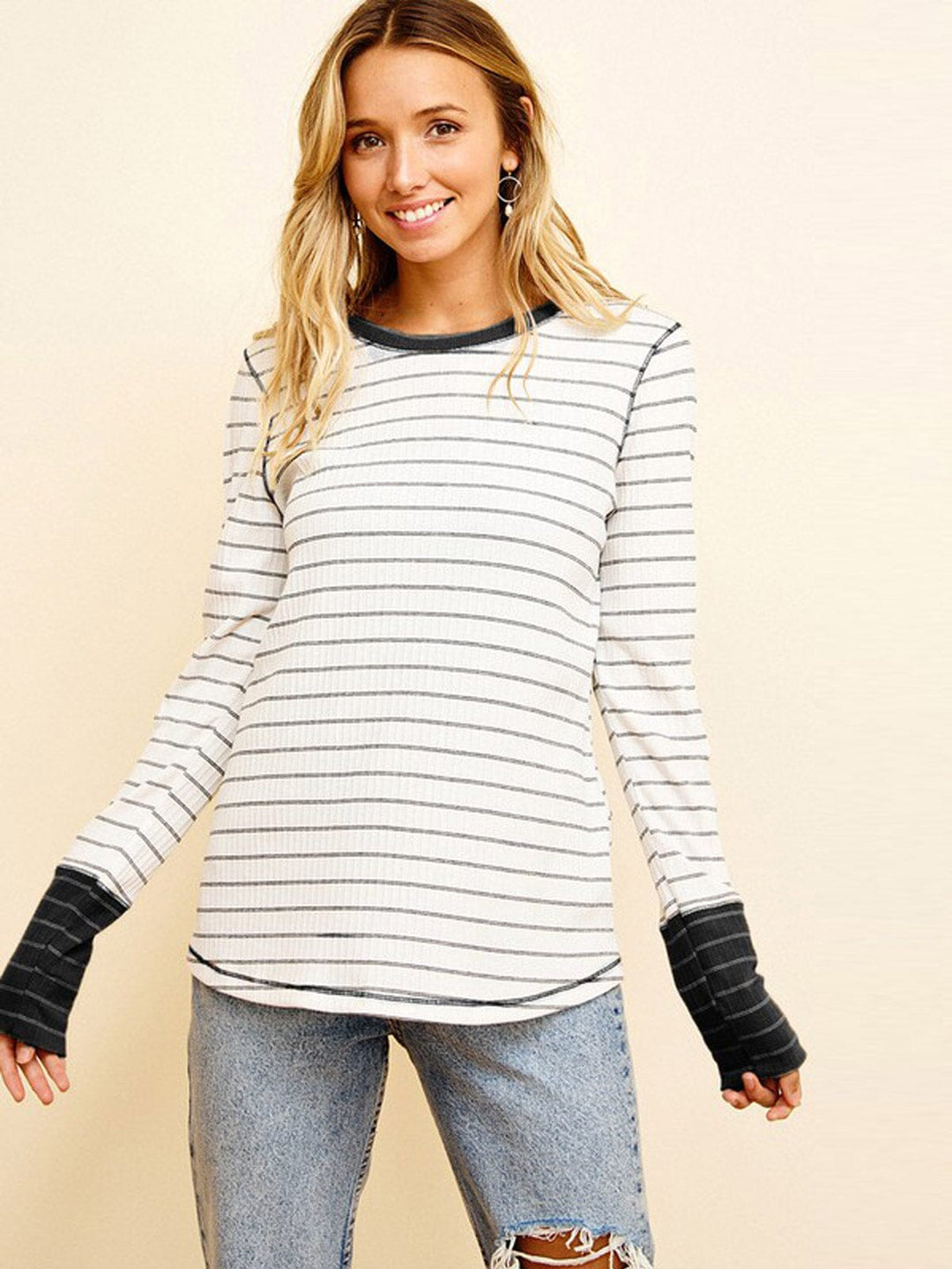 WOMEN'S LONG SLEEVES COLORBLOCK STRIPES TOP