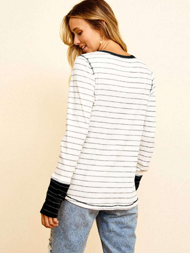 WOMEN'S LONG SLEEVES COLORBLOCK STRIPES TOP