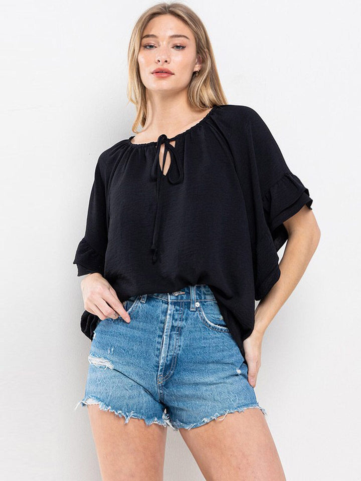 WOMEN'S SHORT RUFFLE SLEEVE TUNIC BLOUSE TOP