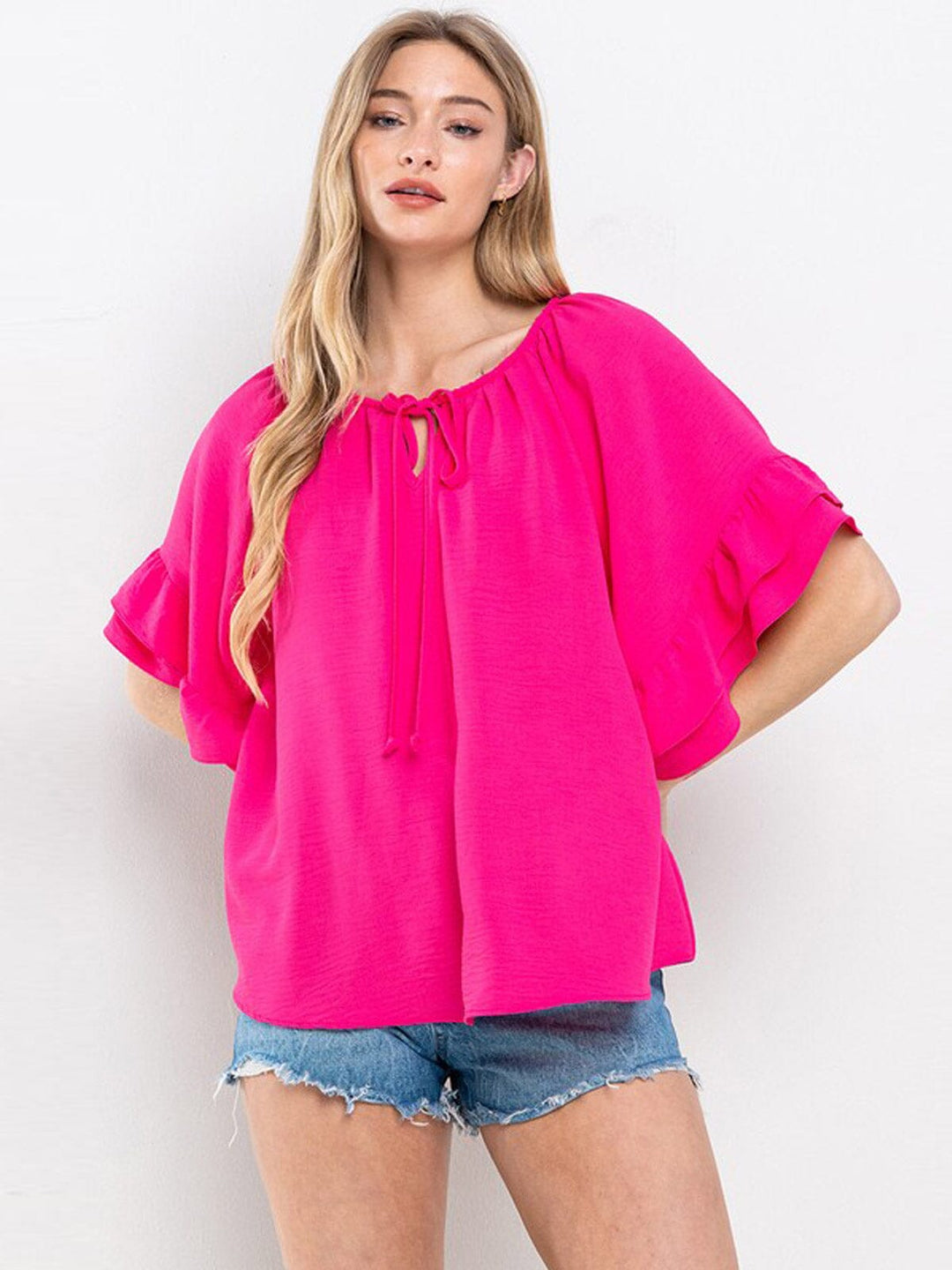 WOMEN'S SHORT RUFFLE SLEEVE TUNIC BLOUSE TOP