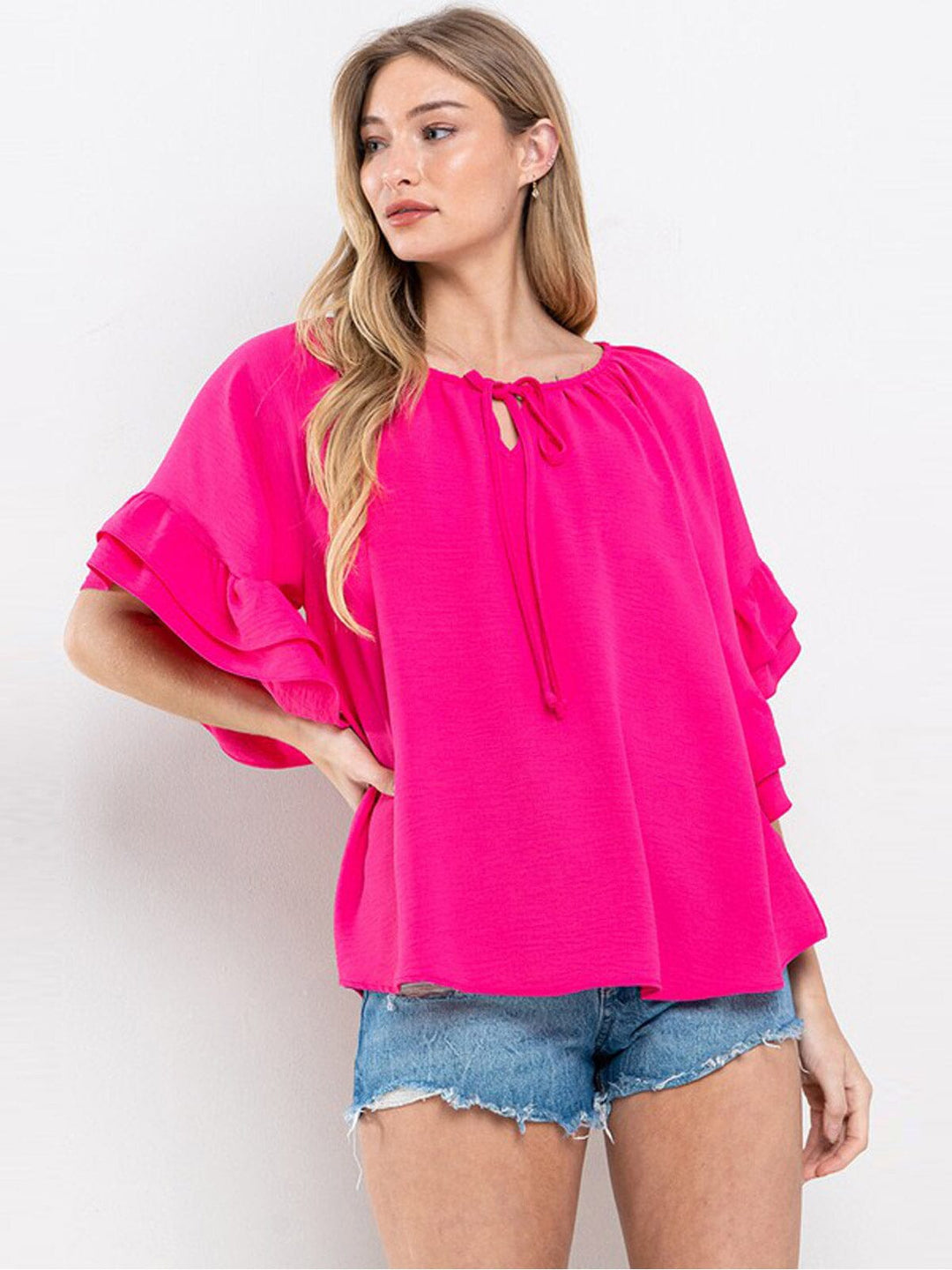WOMEN'S SHORT RUFFLE SLEEVE TUNIC BLOUSE TOP