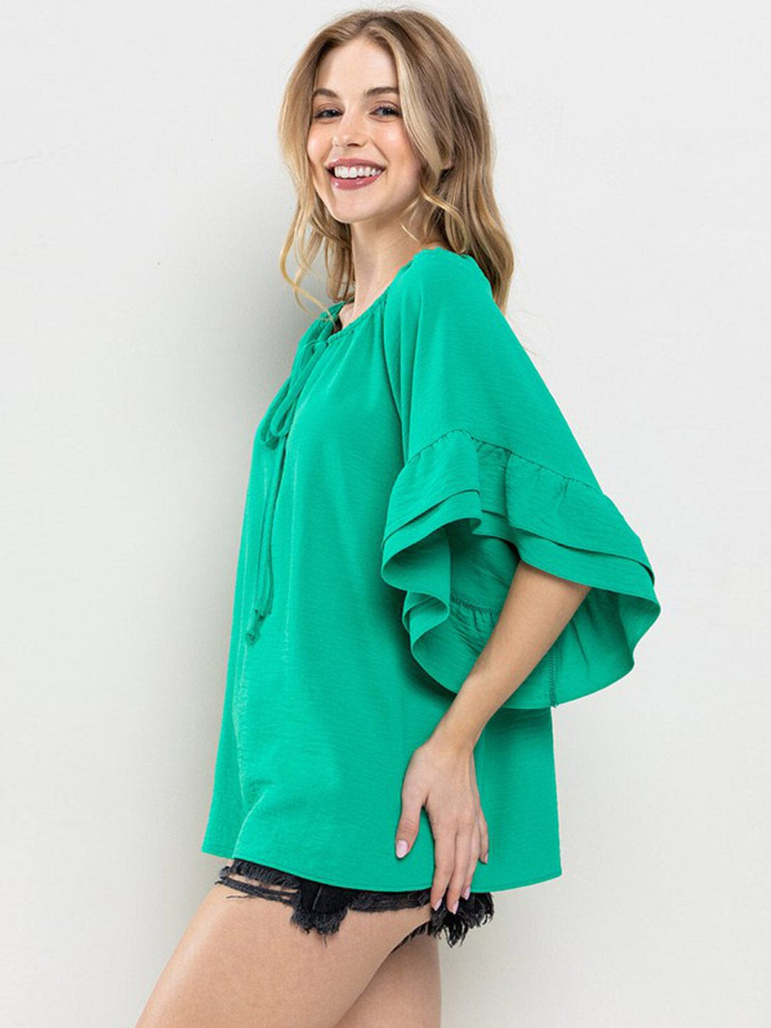 WOMEN'S SHORT RUFFLE SLEEVE TUNIC BLOUSE TOP