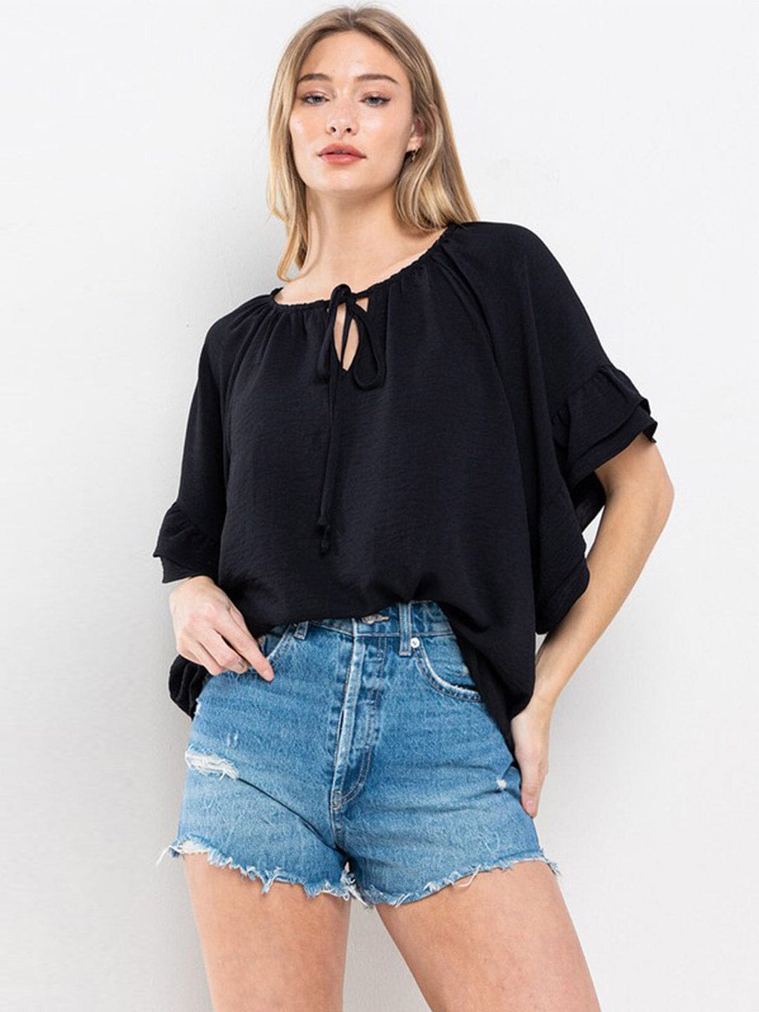 WOMEN'S SHORT RUFFLE SLEEVE V-NECK TUNIC BLOUSE