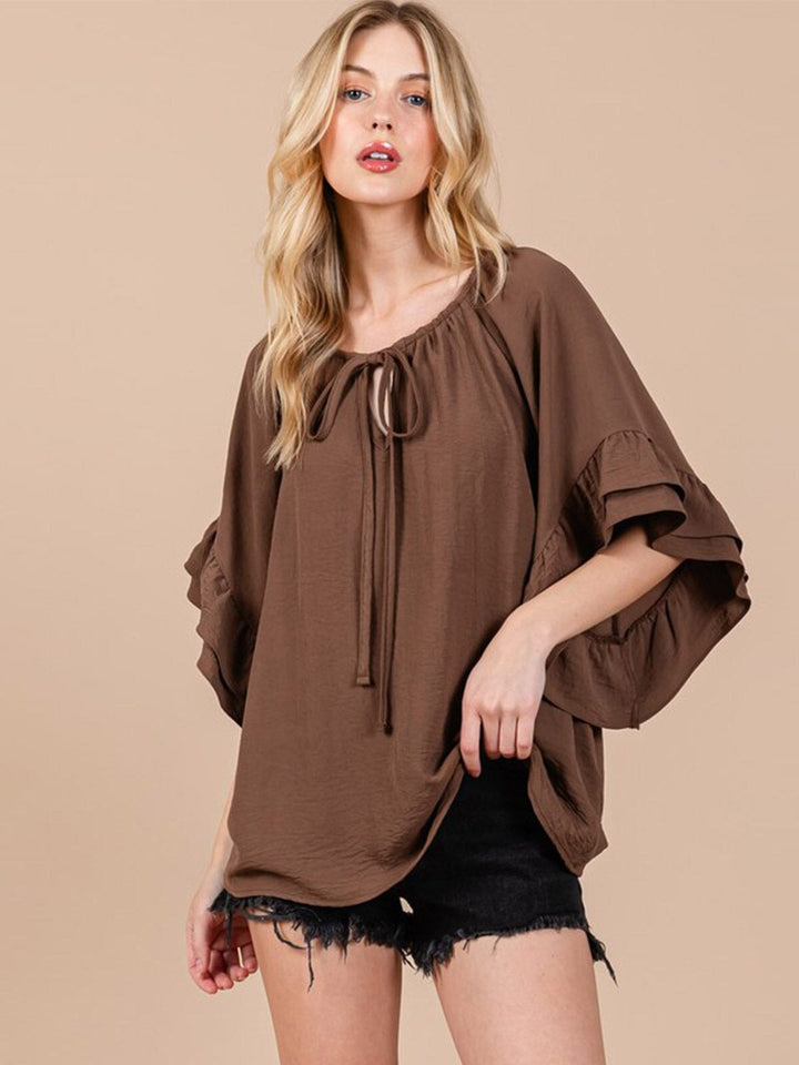 WOMEN'S SHORT RUFFLE SLEEVE V-NECK TUNIC BLOUSE
