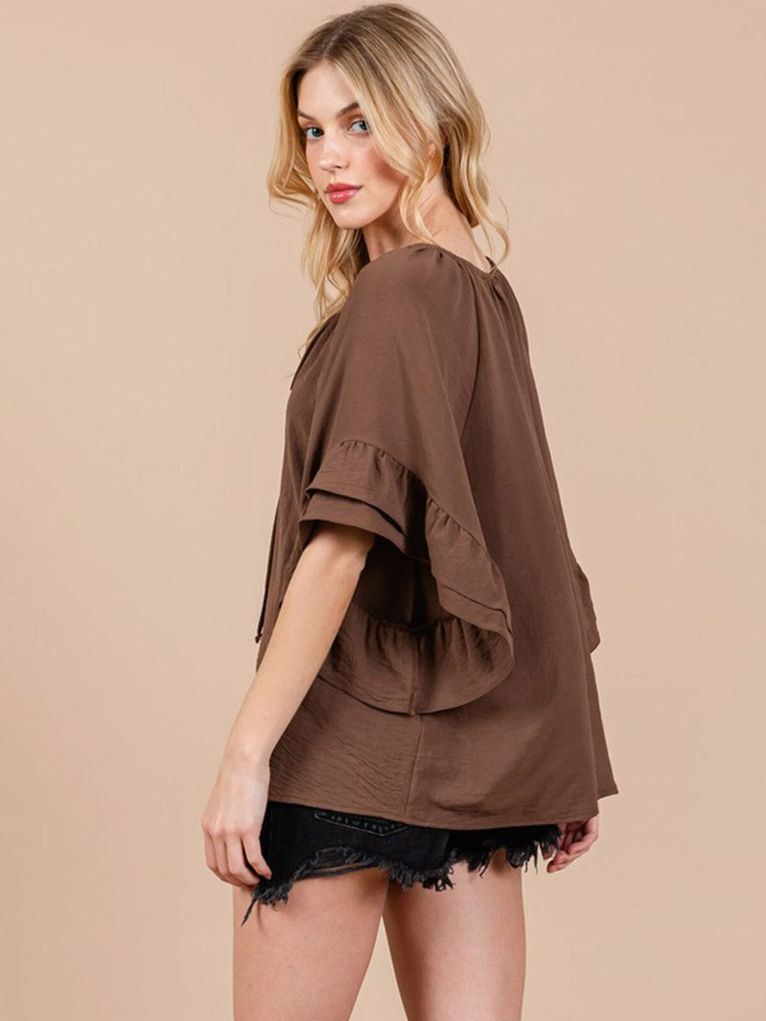 WOMEN'S SHORT RUFFLE SLEEVE V-NECK TUNIC BLOUSE