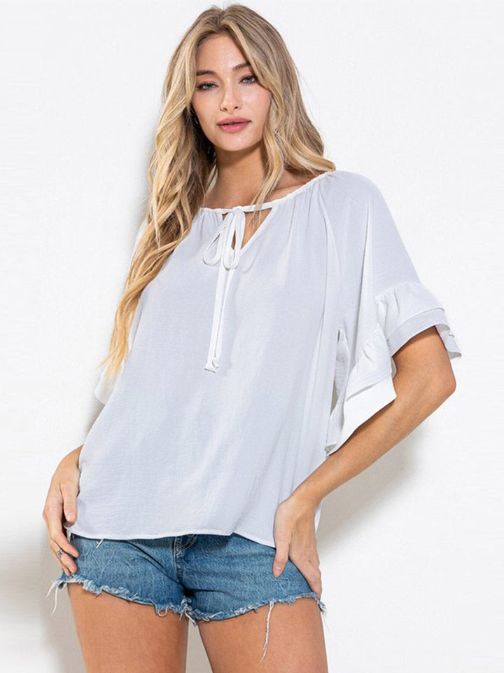 WOMEN'S SHORT RUFFLE SLEEVE V-NECK TUNIC BLOUSE