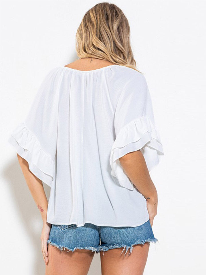 WOMEN'S SHORT RUFFLE SLEEVE V-NECK TUNIC BLOUSE