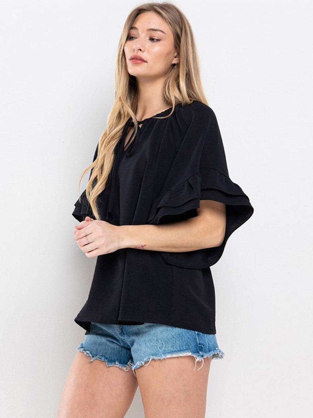 WOMEN'S SHORT RUFFLE SLEEVE V-NECK TUNIC BLOUSE