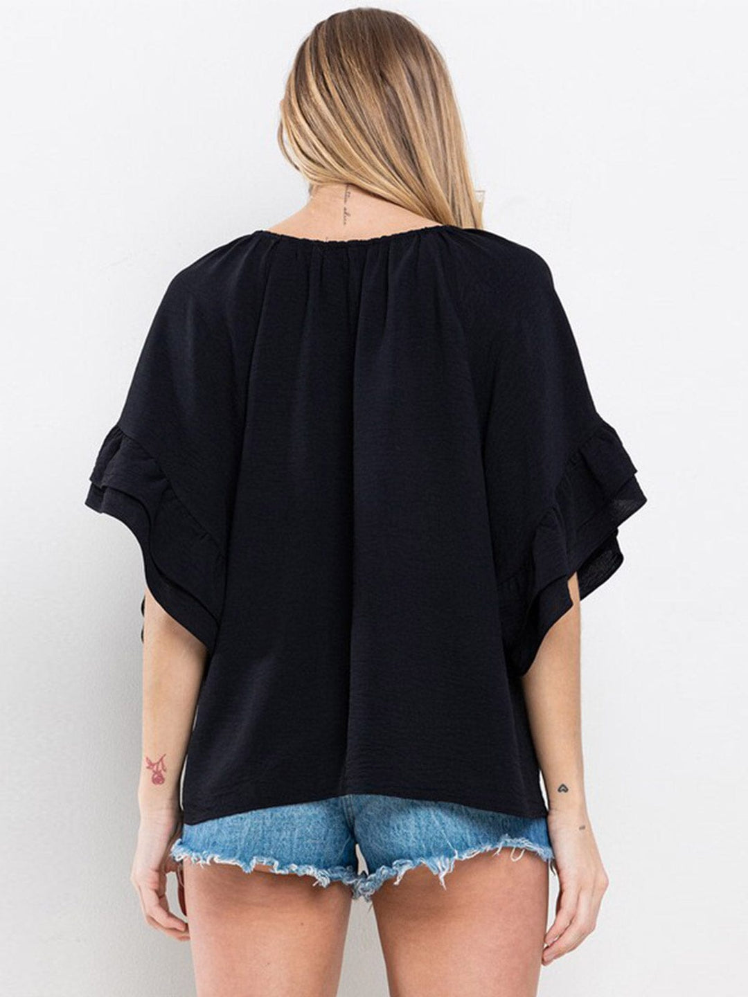 WOMEN'S SHORT RUFFLE SLEEVE V-NECK TUNIC BLOUSE