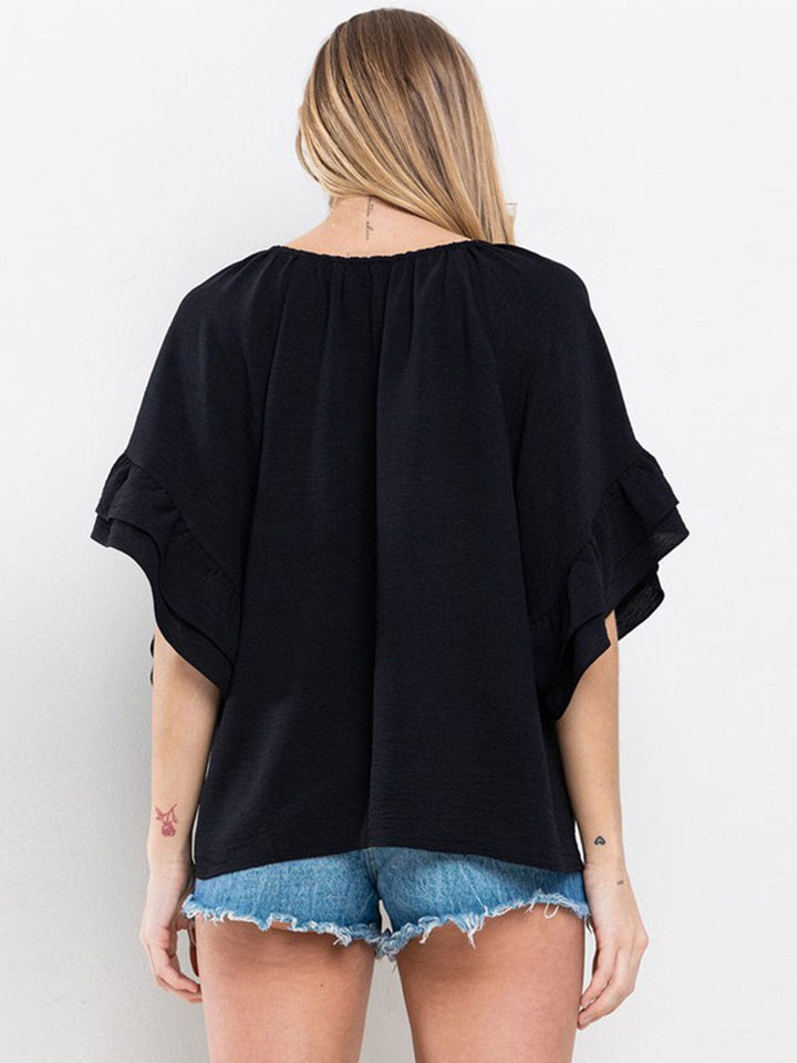WOMEN'S SHORT RUFFLE SLEEVE V-NECK TUNIC BLOUSE
