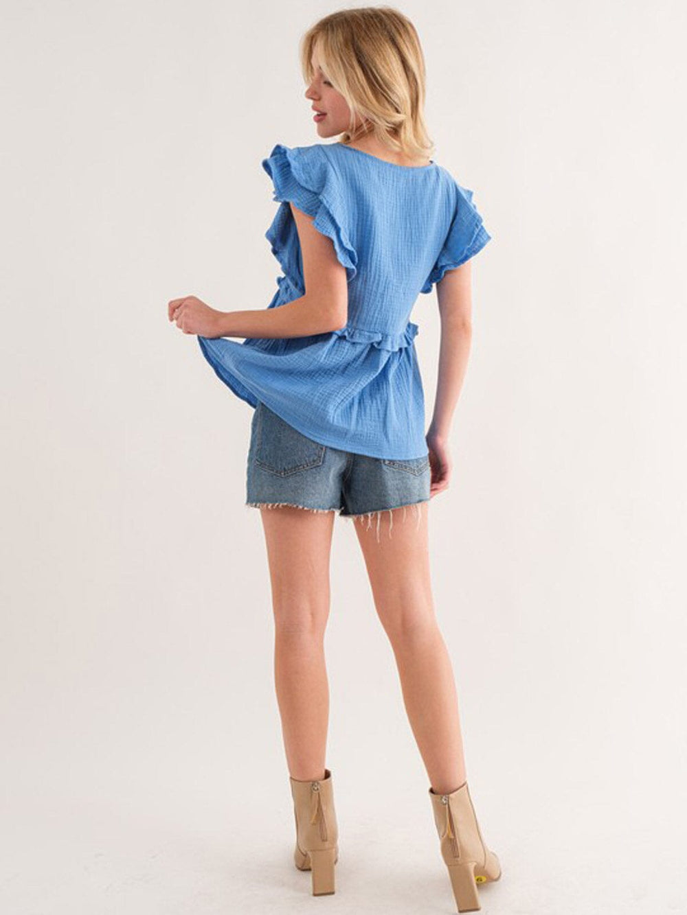 WOMEN'S SHORT RUFFLE SLEEVE BABYDOLL BLOUSE TOP